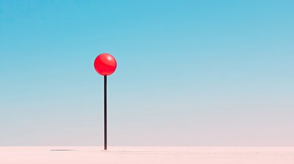 A solitary red marker stands tall against a clear blue sky in a minimalist landscape