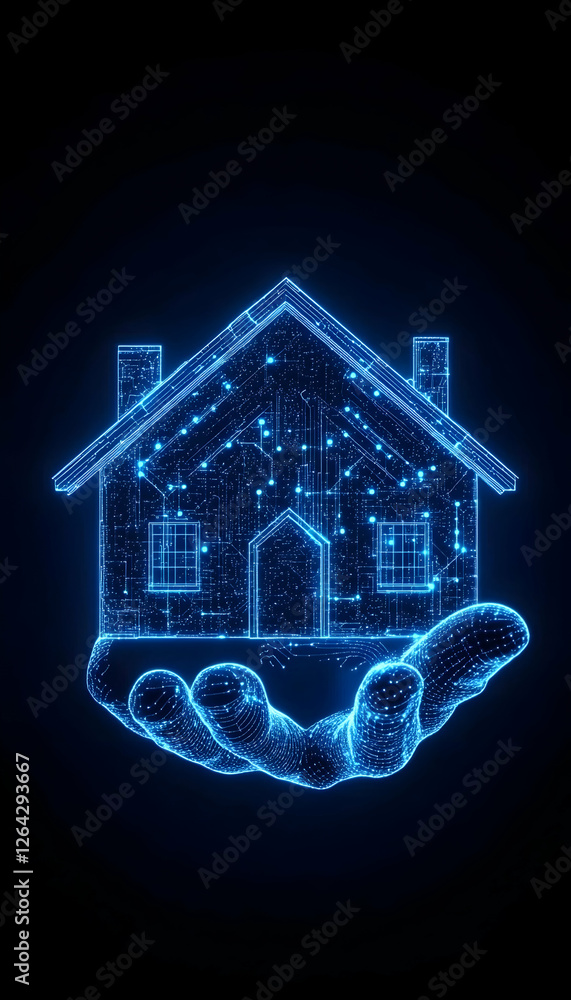 Poster digital hand holds pixelated home. network, data transmission in background generative ai