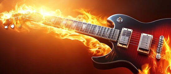 Obraz premium Flaming electric guitar, fiery background, music poster
