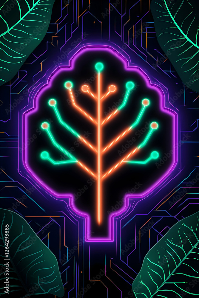 Poster digital tree glowing with neon on circuit board shows technology and nature meet generative ai