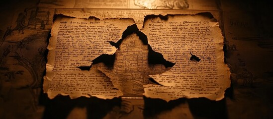 Torn ancient parchment reveals map, dark table, mystery