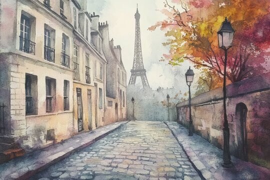 Charming Parisian street with colorful fall foliage and the Eiffel Tower in the background on a misty morning. Generative AI