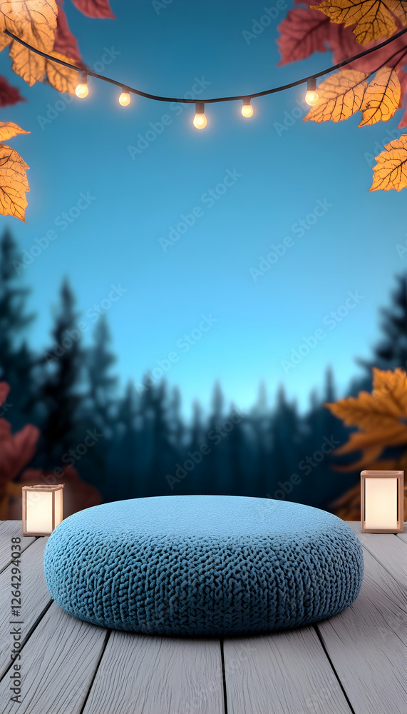 Poster display scene podium under autumn leaves with string lights, blurred woods backdrop generative ai
