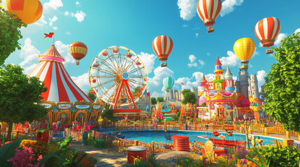 Carnival funfair with circus tent, ferris wheel and magic castle. Vector cartoon set of attractions in amusement park with airplane, welcome banner and balloons isolated on white background