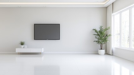 Modern White Living Room Interior with TV and Plant