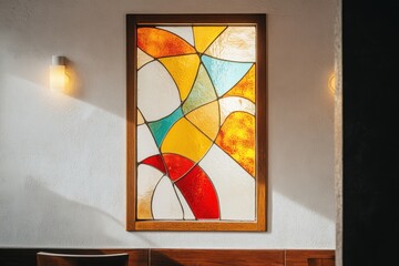Stained glass artwork in a wooden frame hanging on wall