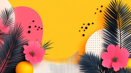 Bright Tropical Artistic Composition with Palm Fronds and Geometric Shapes Inviting Summer Vibes and Creative Expression