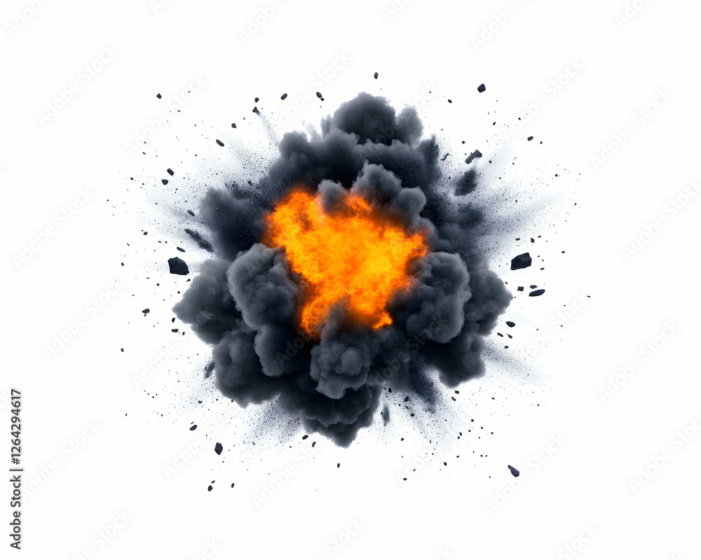 Poster dramatic fiery explosion with smoke on white background for design element generative ai