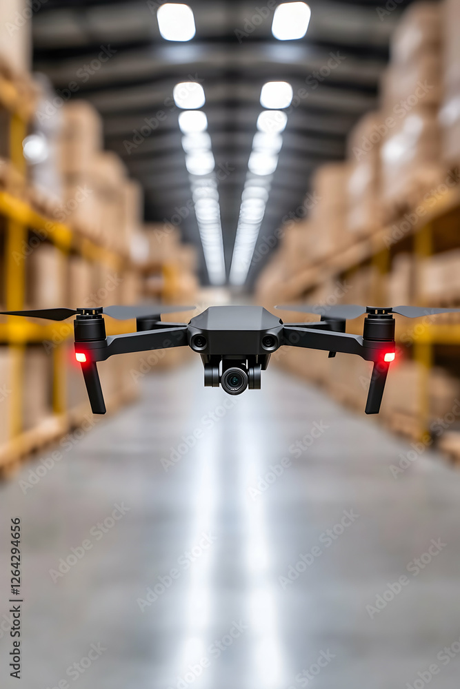 Poster drone flying in warehouse with blurred boxes and lights for inventory management use generative ai