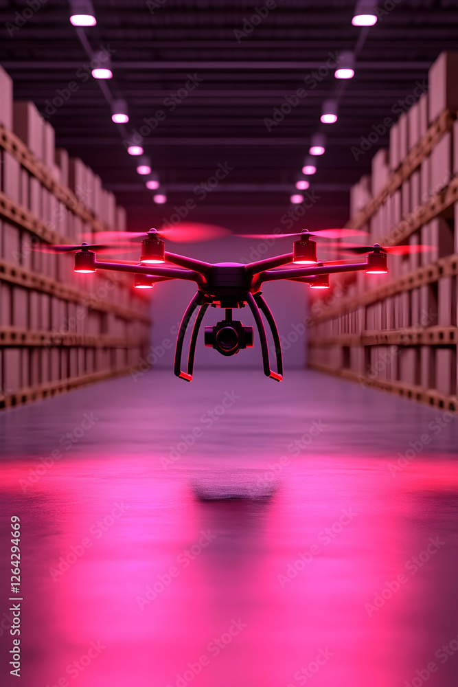 Poster drone flying among package rows in a warehouse for inventory management generative ai