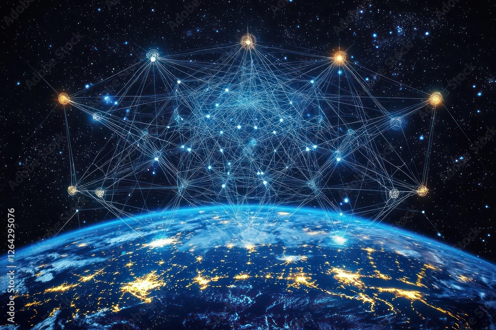 Poster expanding neural web connecting planetary data hubs , ai-driven earth insights.