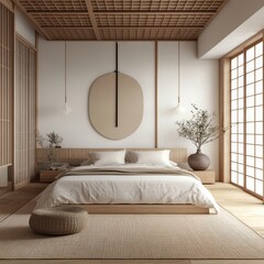 Serene bedroom interior featuring minimalist japanese design elements and light