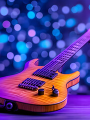 Obraz premium Electric guitar close-up on stage with a bokeh effect, ideal for music ads generative AI