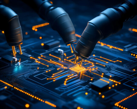 Electronic circuit debugging with probes, glowing lines on a dark backdrop generative AI