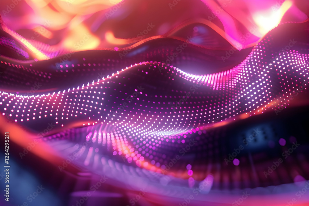 Poster abstract digital wave pattern with vibrant colors and glowing dots, creating a mesmerizing backgroun