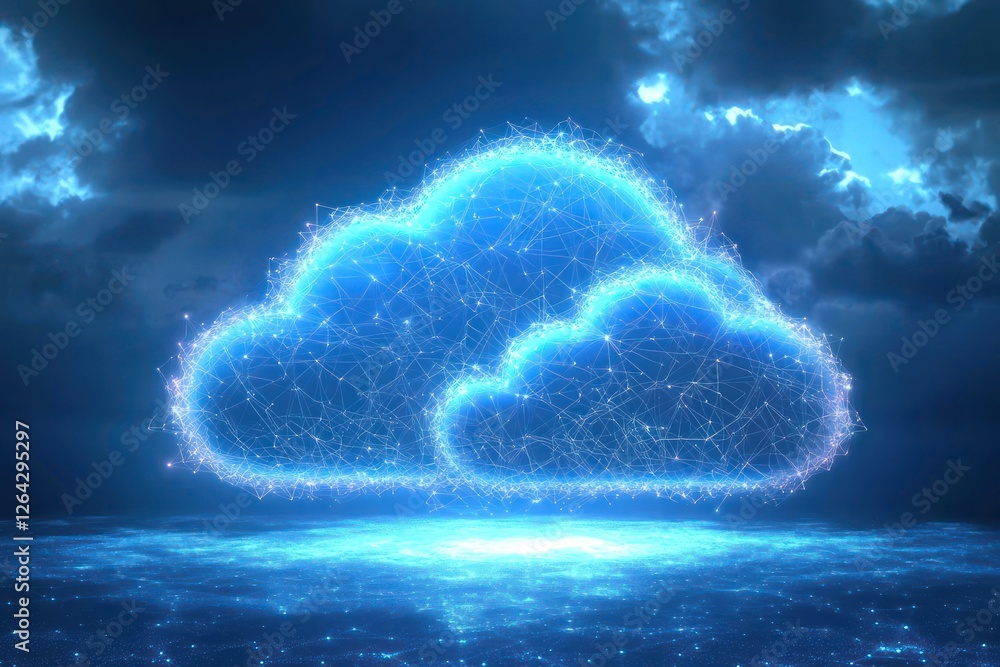 Poster cloud information systems forming structured glowing networks, processing ai-driven intelligence.