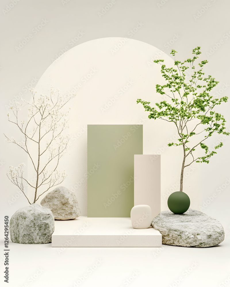 Poster elegant platform display, nature theme with plants and rocks for product showcase generative ai