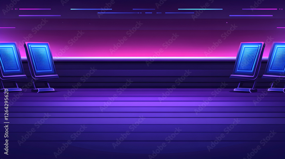 Poster empty futuristic waiting area. digital monitors line a hall with glowing colors generative ai