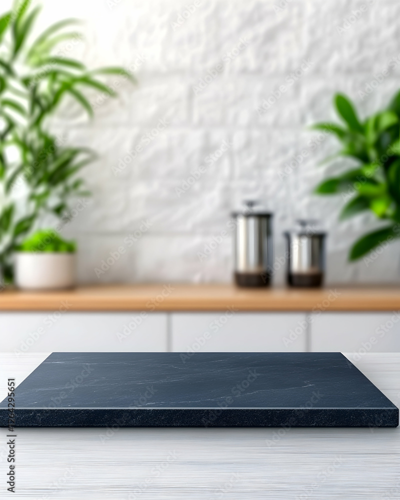 Poster empty dark slate product display on a white wooden table with kitchen background generative ai