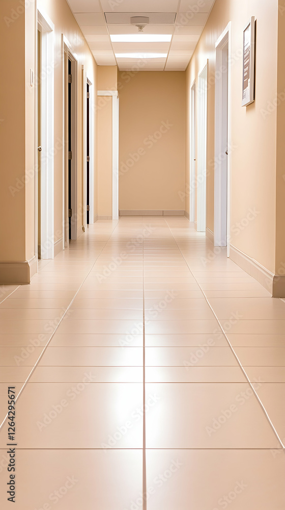 Poster empty hallway with closed doors in an office building, suitable for architecture use generative ai