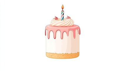 A colorful birthday cake with a single candle on top, set against a plain white background