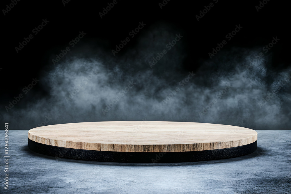 Poster empty wooden stage with smoke backdrop. ideal for product display or presentation generative ai