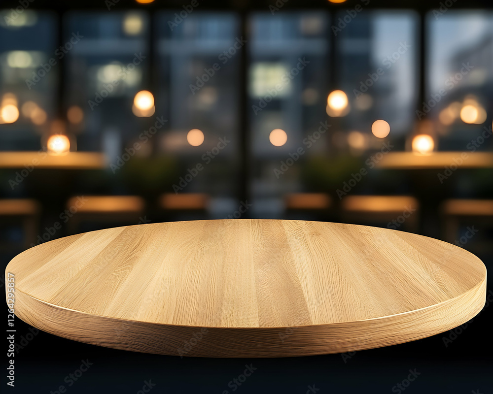 Poster empty wood table for product display. evening building lights in background generative ai
