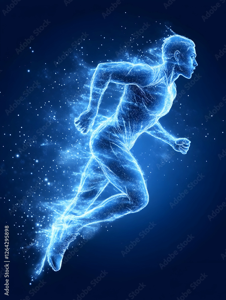 Poster energetic man running with electric effect in blue background to illustrate speed generative ai
