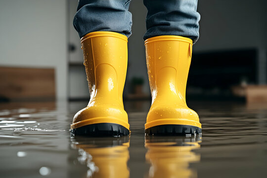 Person in bright boots stands in floodwater. Home flooded after storm or broken pipe generative AI