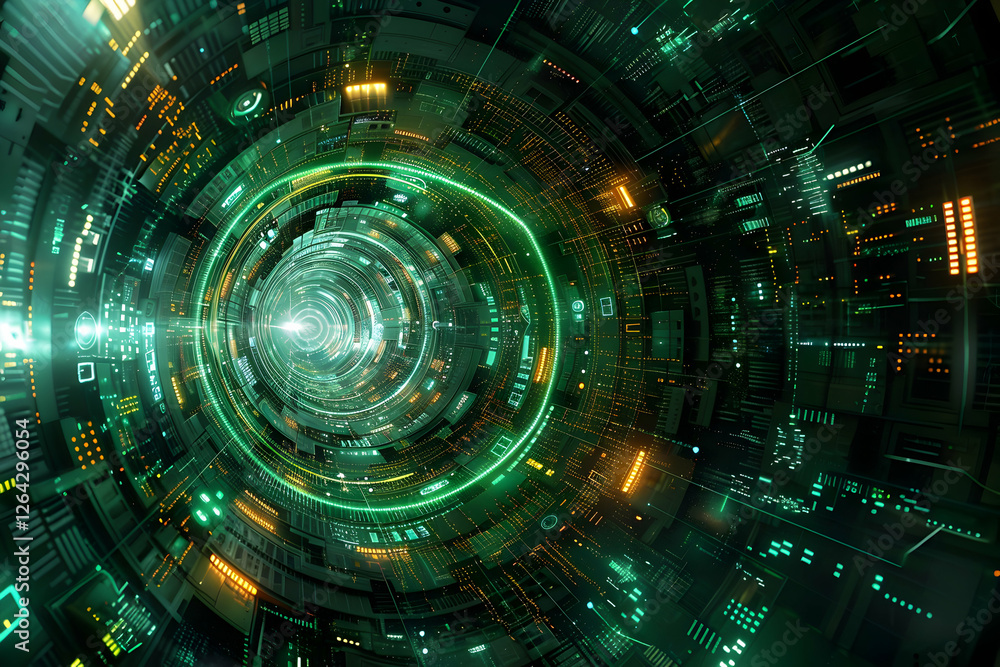 Poster abstract digital tunnel with glowing circuitry and vibrant colors, suggesting advanced technology an