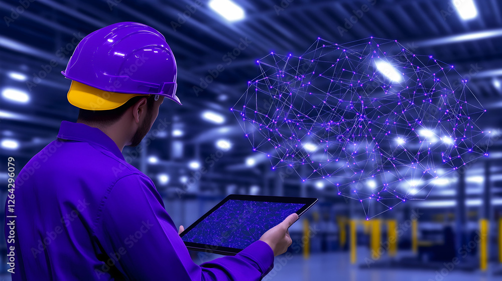 Poster engineer with a tablet. network. factory background. tech industry generative ai