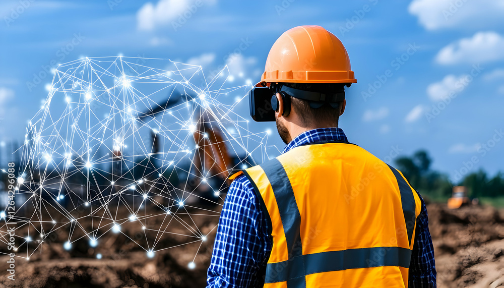 Poster engineer with vr headset inspects construction site with excavators in background generative ai