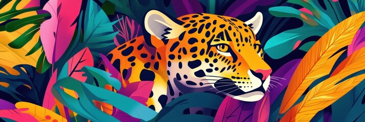 Obraz premium Vibrant jungle setting with a leopard camouflaging among colorful foliage in a tropical environment. Generative AI