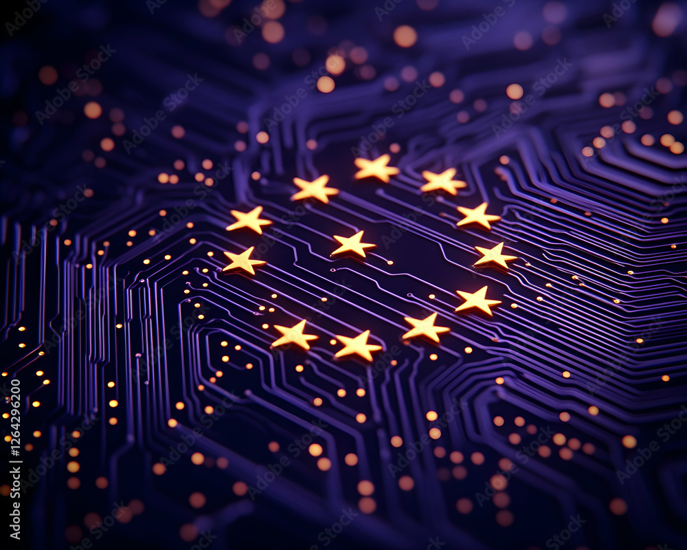 Poster european union stars circuit board for cybersecurity, technology with abstract background generative
