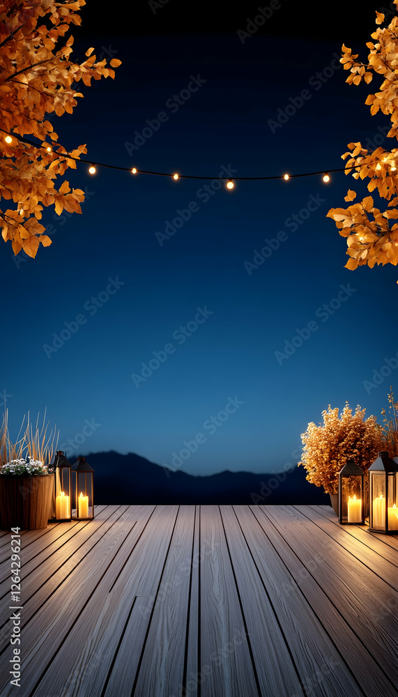 Poster evening lanterns on deck with autumn leaves against mountain backdrop, for display generative ai