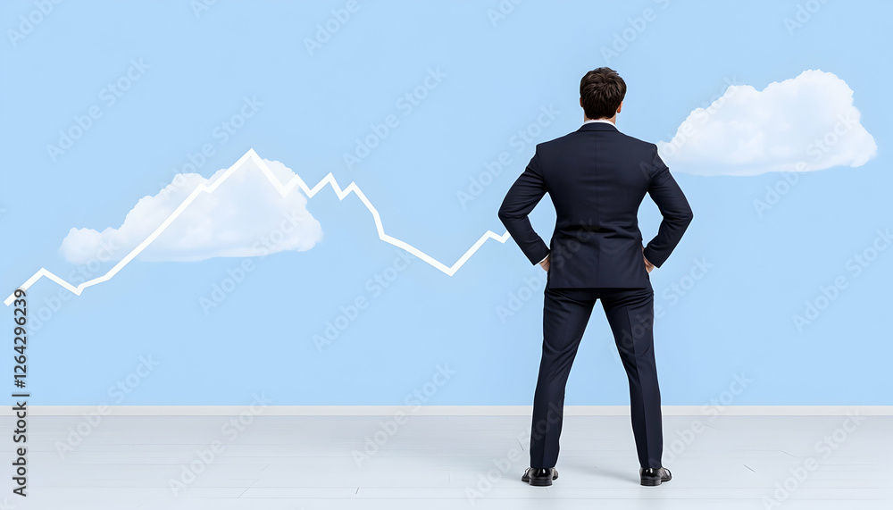 Poster executive looks at stock chart with clouds. strategy and market analysis concept generative ai