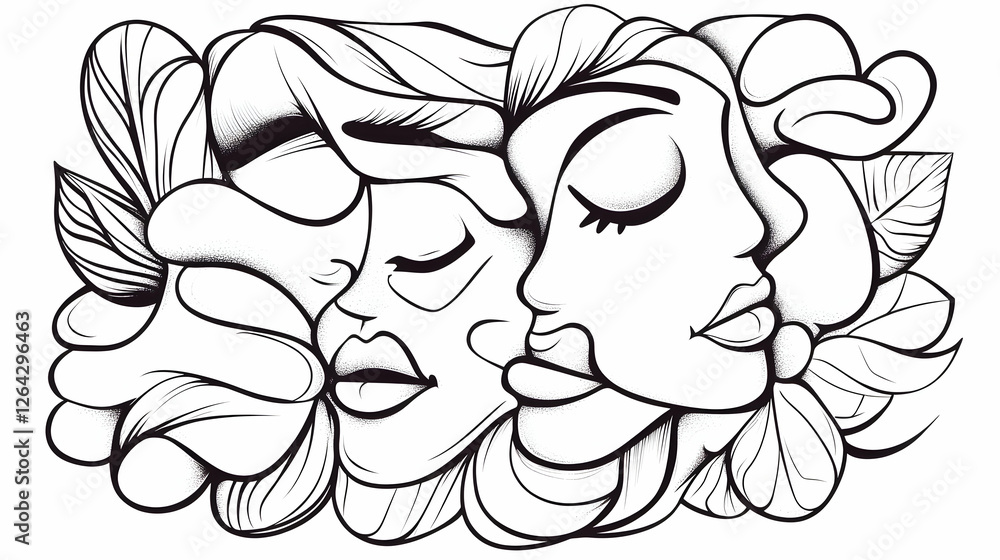 Poster faces with flowing hair in monochrome art on a background of flora for design generative ai