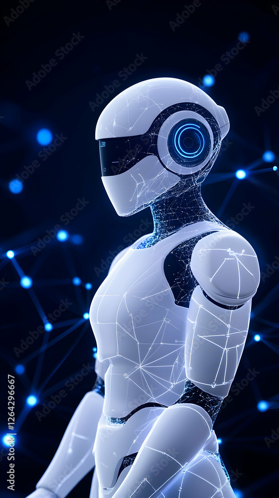 Aufkleber female robot stands with digital neural network background, representing ai innovation generative ai