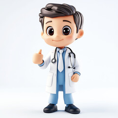 Fototapeta premium Adorable 3D Cartoon Doctor: A cheerful boy doctor gives thumbs up, symbolizing health, care, and positive medical treatment.