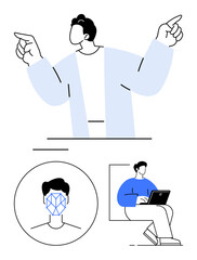 Person pointing energetically, biometric face scan inside a circle, and seated individual working on a laptop. Ideal for technology, authentication, remote work, innovation, interaction, UI design