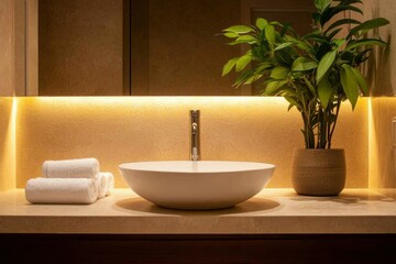 Fototapeta premium Bathroom sink, plant, and towels in a lighted, neutral interior for relaxation