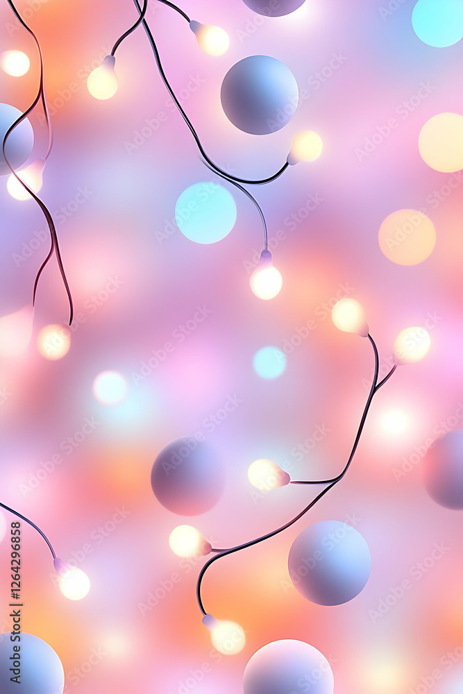 Poster festive string lights and spheres against soft, colorful bokeh for holiday background generative ai