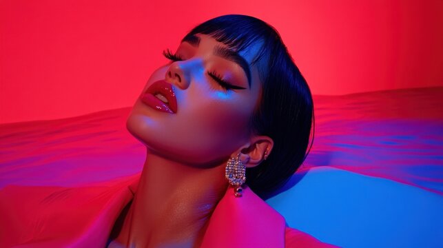Woman, red studio, neon lights, beauty, photoshoot, serene, makeup, fashion, portrait, advertising