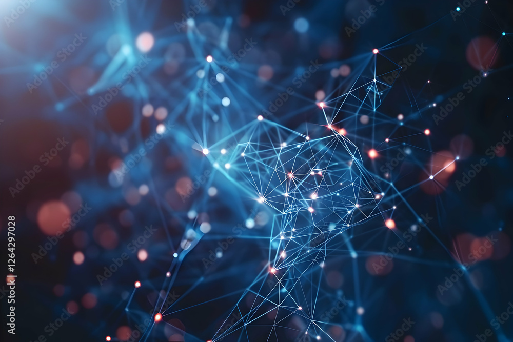 Poster abstract digital network visualization with glowing nodes and lines, representing connectivity and d