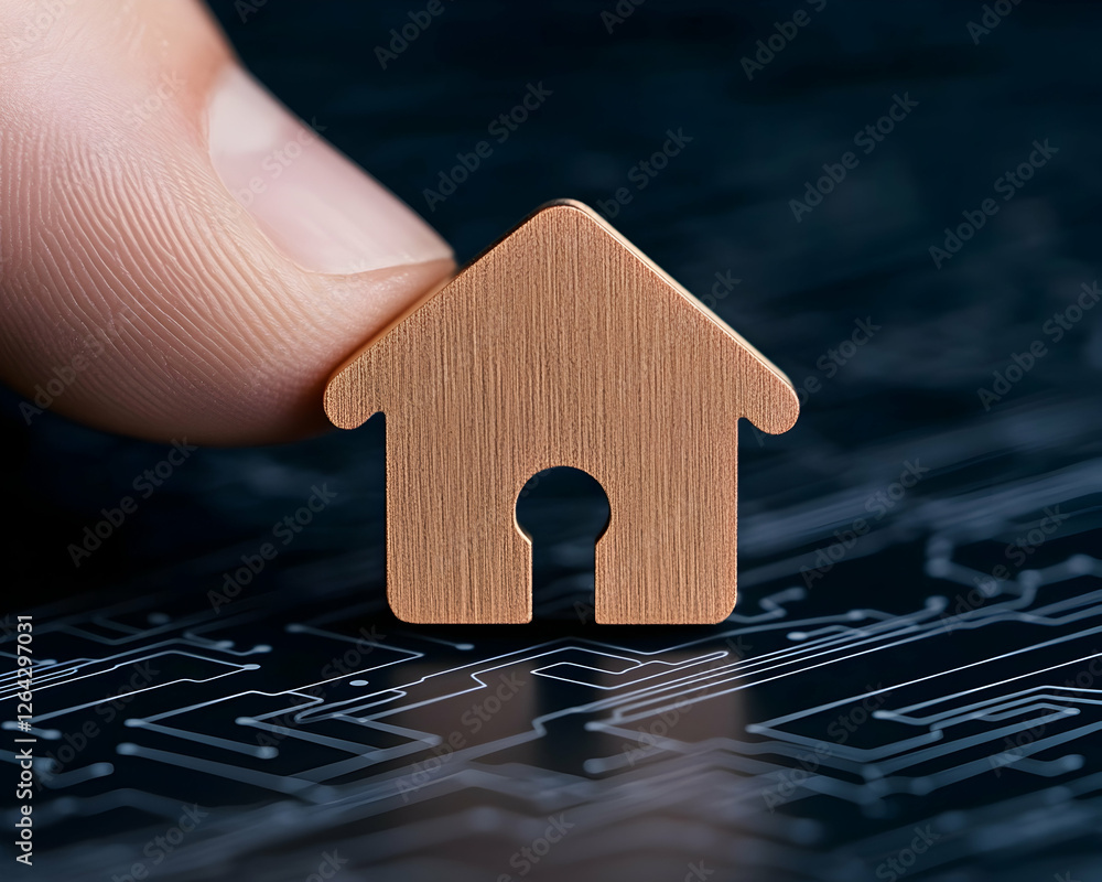 Poster finger holds tiny home with integrated keyhole over an abstract circuit board generative ai
