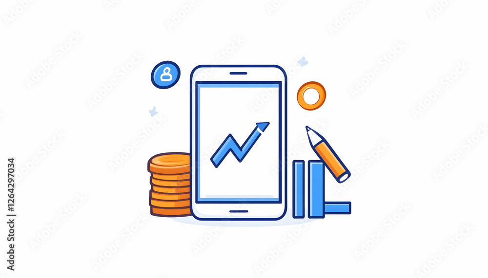 Aufkleber financial growth on mobile phone with coins and blocks showing increasing stats generative ai