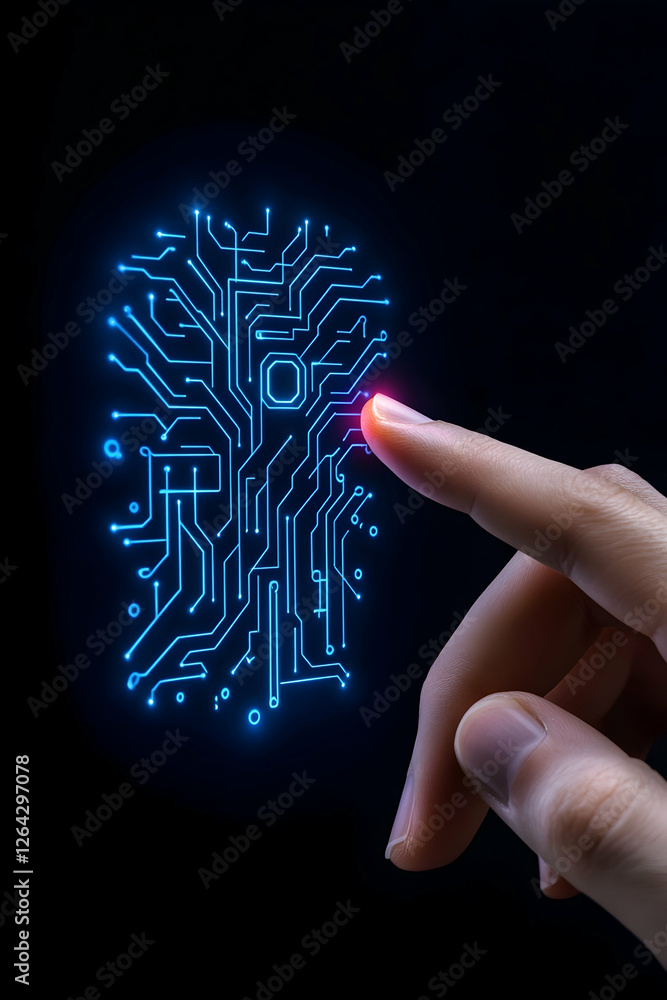 Aufkleber finger touches biometric security, unlocking digital access in dark backdrop for tech use generative
