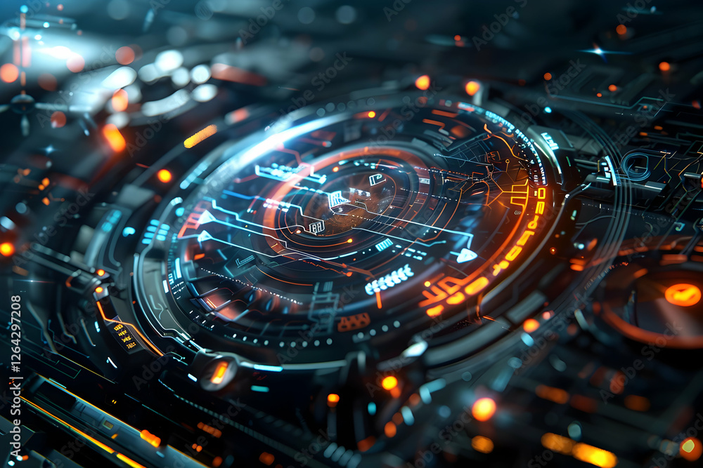 Poster futuristic digital interface with glowing elements and intricate design, showcasing advanced technol