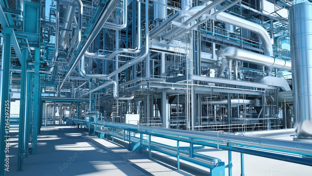 Poster advanced factory systems highlighting intelligent piping networks , digital optimization.