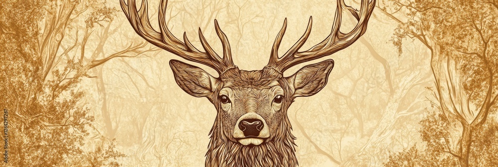 Fototapete engraved deer portrait featuring intricate line work and sepia tones with text space for personalize